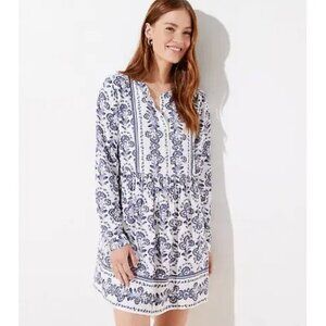 LOFT White & Blue Floral Grecian Getaway Long Sleeve Flare Shirt Dress Sz 12 NWT